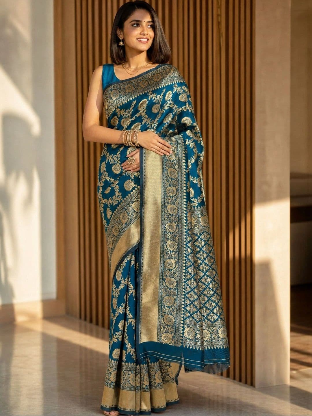 House of Pataudi Women Woven Design Zari Silk Blend Banarasi Saree thumbnail 3