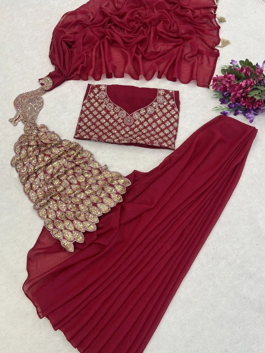 SmileyFashion Embellished Embroidered Pure Georgette Designer Saree thumbnail 2