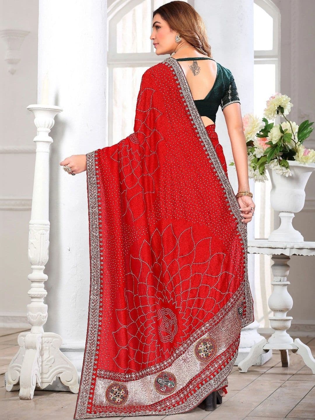 SmileyFashion Bandhani Embroidered Art Silk Designer Saree thumbnail 2