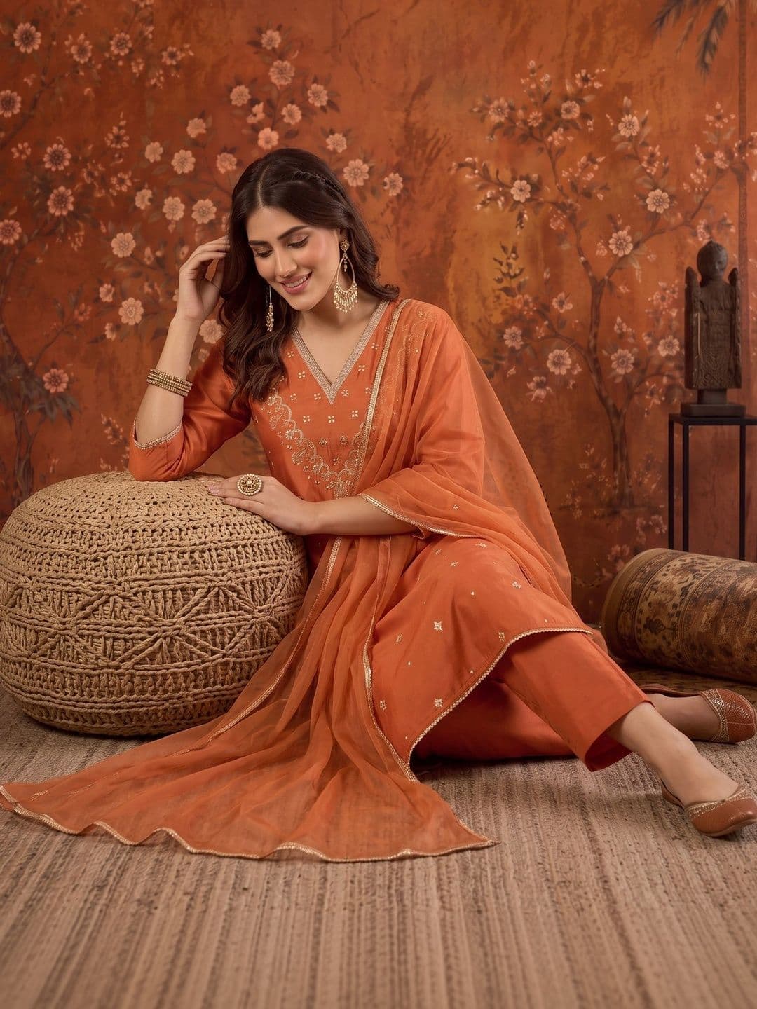 Sangria Embroidered Silk Blend V-Neck Kurta & Trousers With Dupatta thumbnail 4