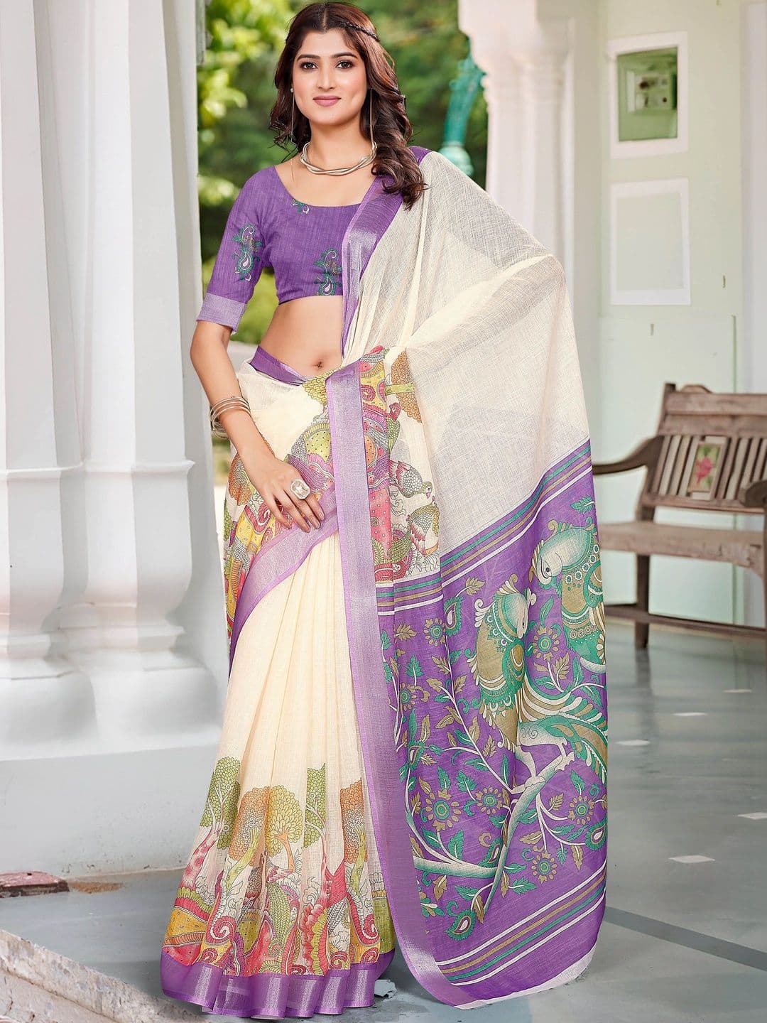 HERE&NOW Women Cotton Linen Digital Print Saree thumbnail 6
