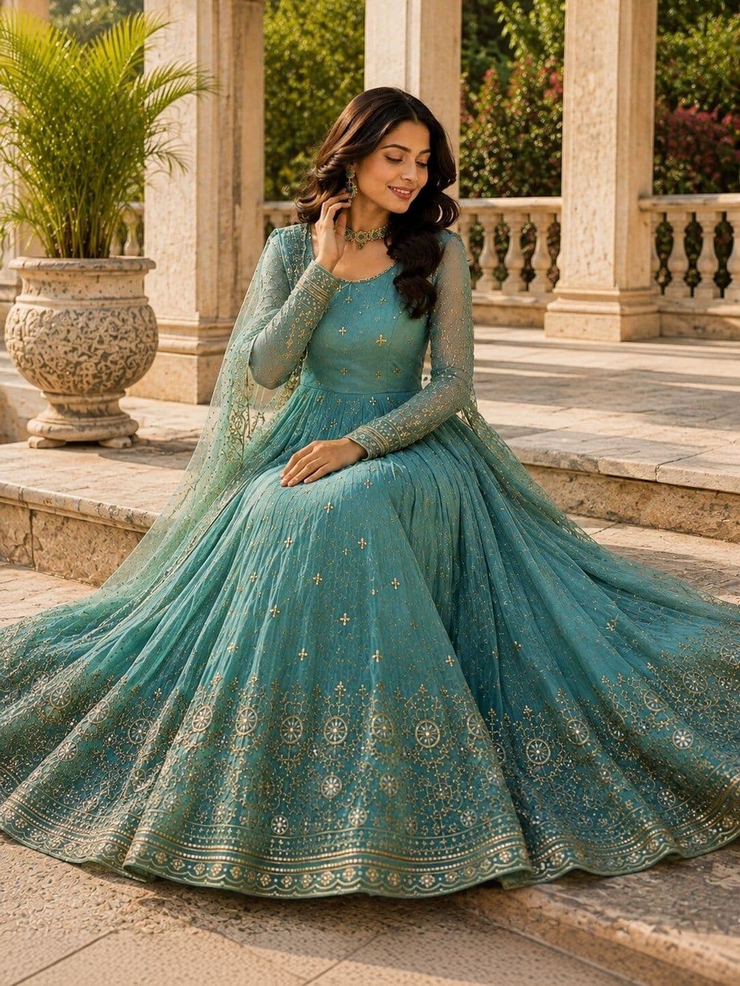 KALINI Women Ethnic Motifs Embroidered Tiered Kurta with Pyjamas & With Dupatta thumbnail 5