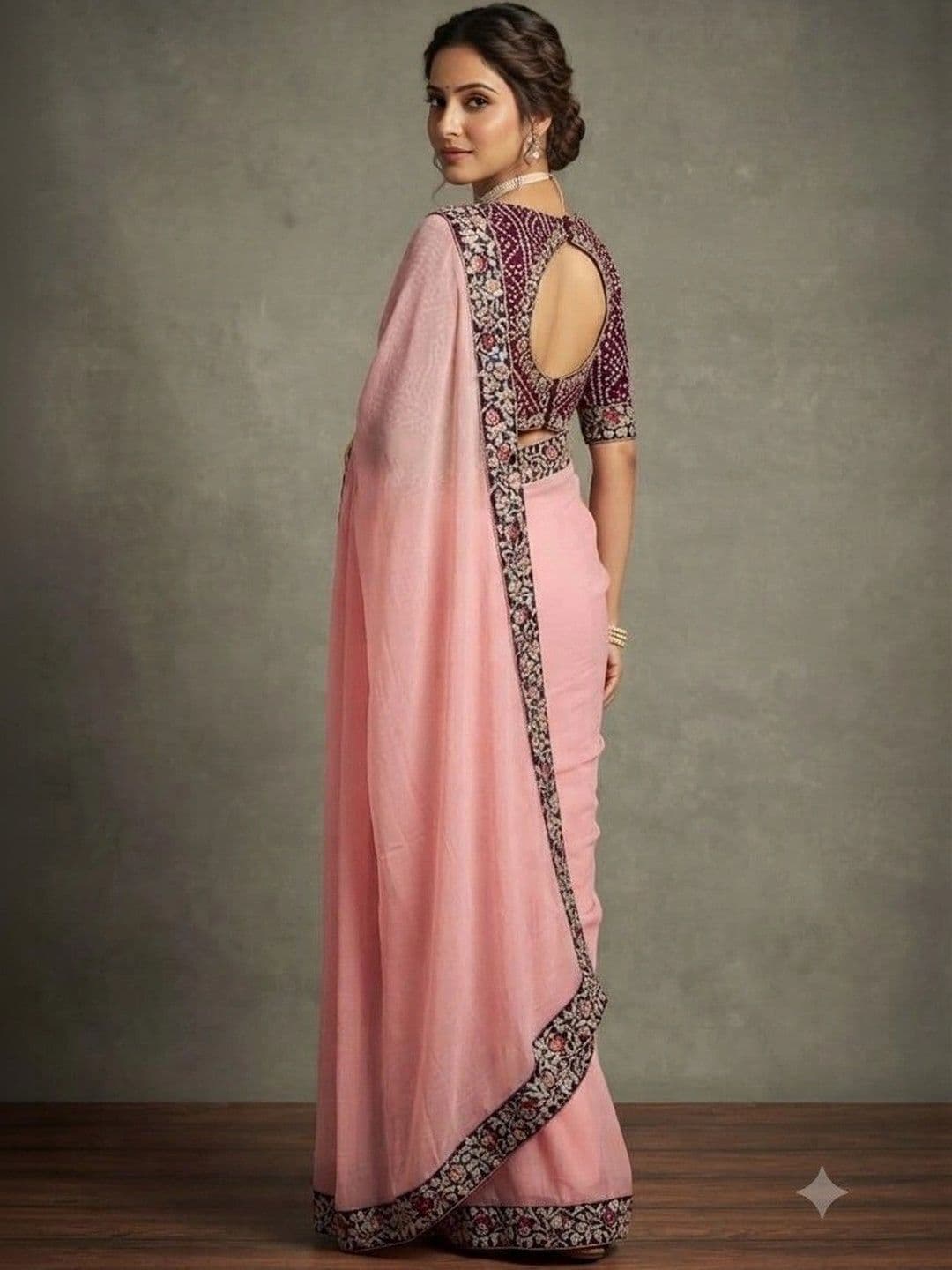 SmileyFashion Floral Embroidered Poly Chiffon Designer Saree thumbnail 3