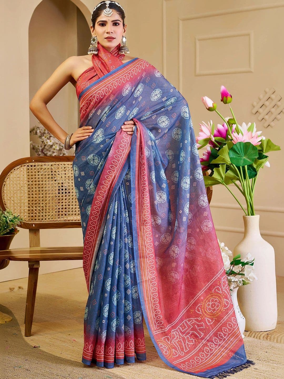 HERE&NOW Bandhani Silk Cotton Handloom Saree thumbnail 3