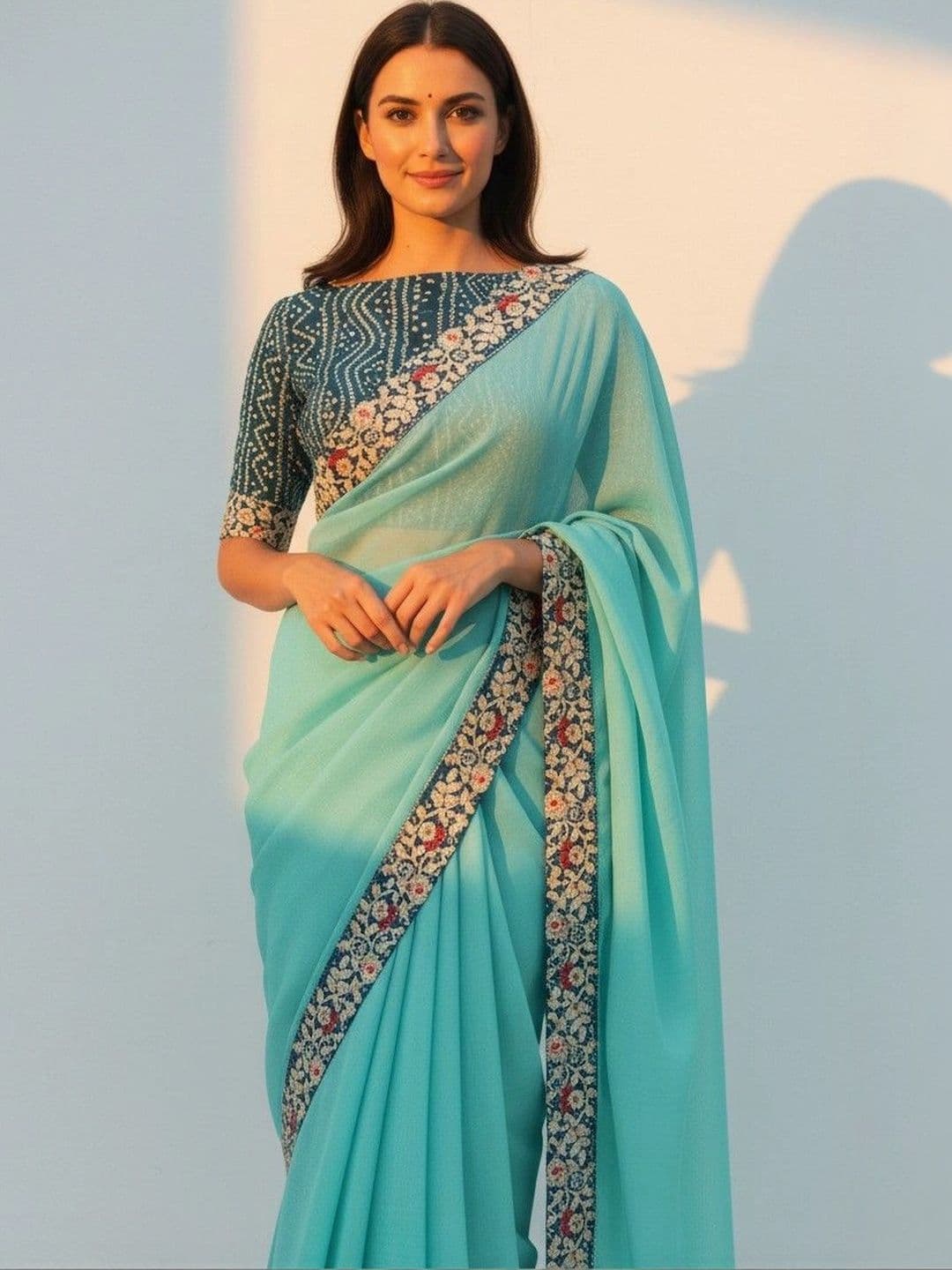 SmileyFashion Floral Embroidered Poly Chiffon Designer Saree - view 1