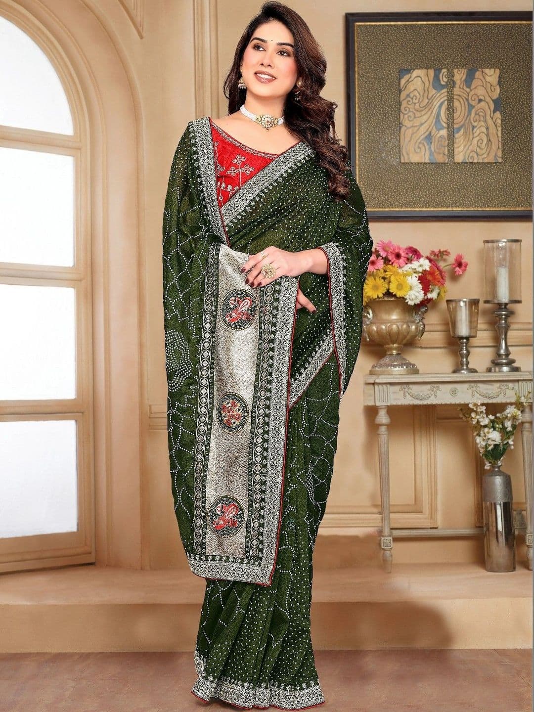 SmileyFashion Bandhani Embroidered Art Silk Designer Saree - view 1