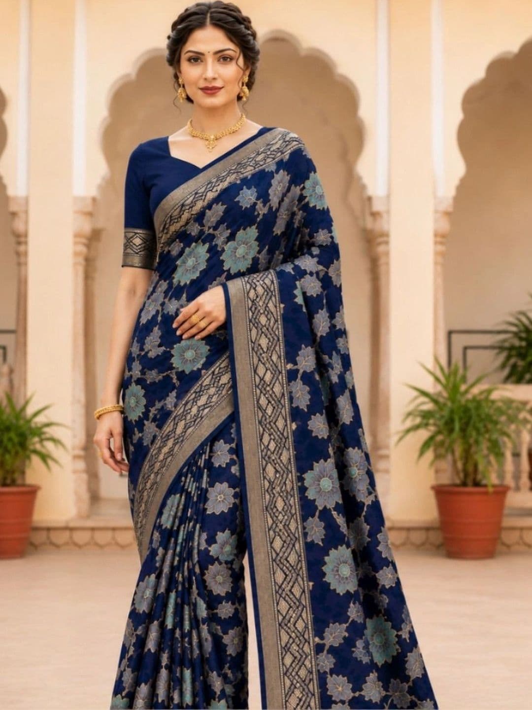 PANJURLI Floral Zari Brasso Saree - view 1