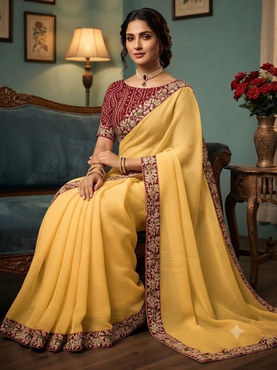 SmileyFashion Floral Embroidered Poly Chiffon Designer Saree thumbnail 3