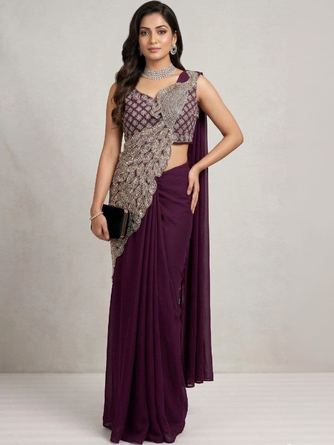 SmileyFashion Embellished Embroidered Pure Georgette Designer Saree thumbnail 2