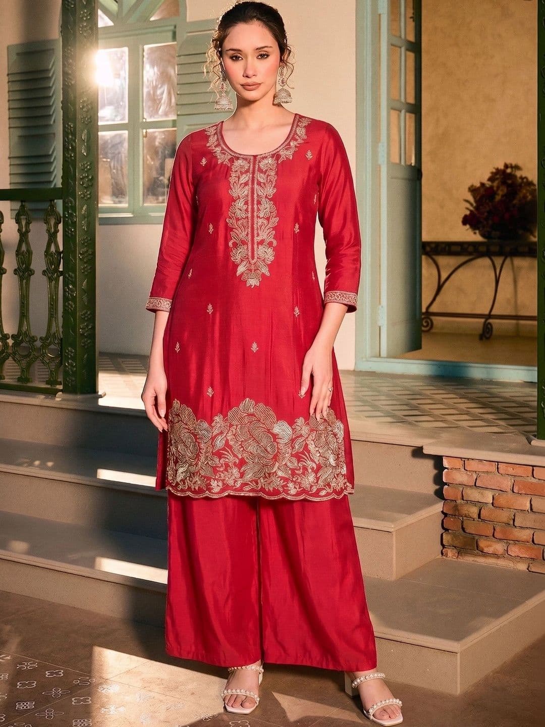 Navlik Women Ethnic Motifs Embroidered Regular Kurta with Palazzos & With Dupatta thumbnail 3