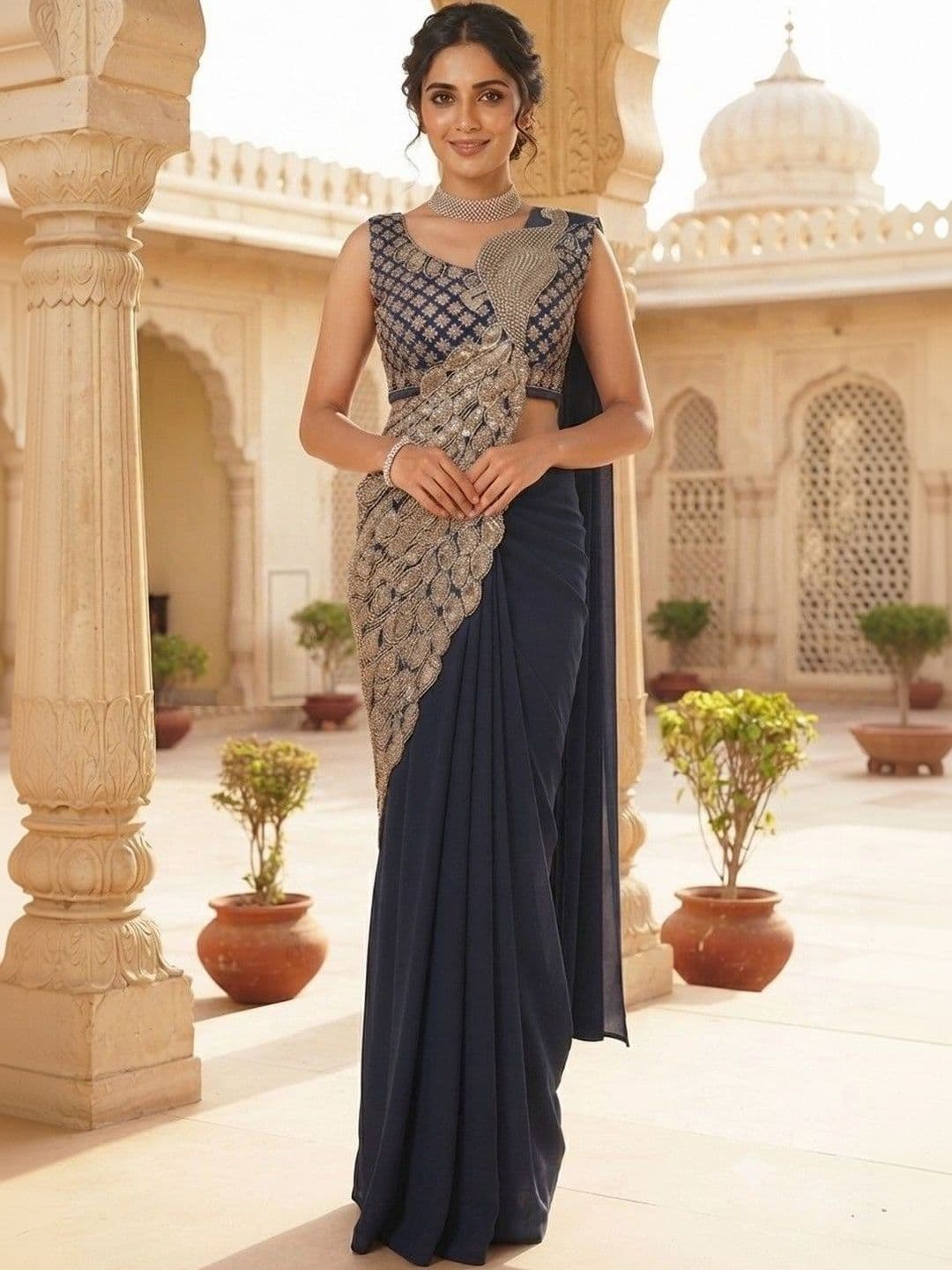 SmileyFashion Embellished Embroidered Pure Georgette Designer Saree - view 1