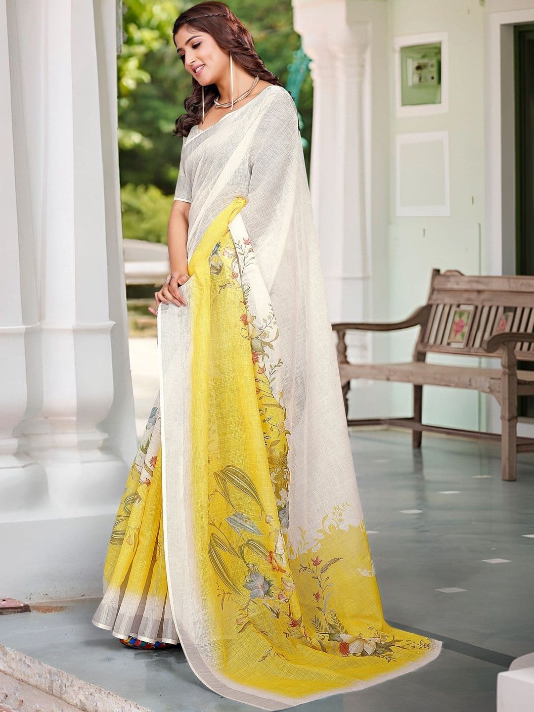MANVAA Women Cotton Linen Saree with Floral Print Saree thumbnail 6