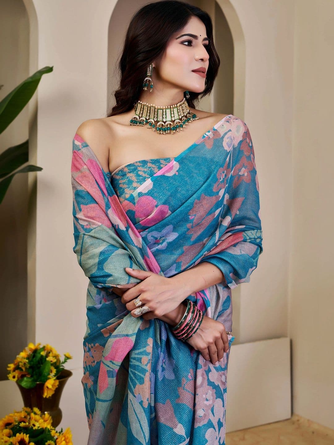 HERE&NOW Women Floral Printed Silk Cotton Handloom Saree thumbnail 2