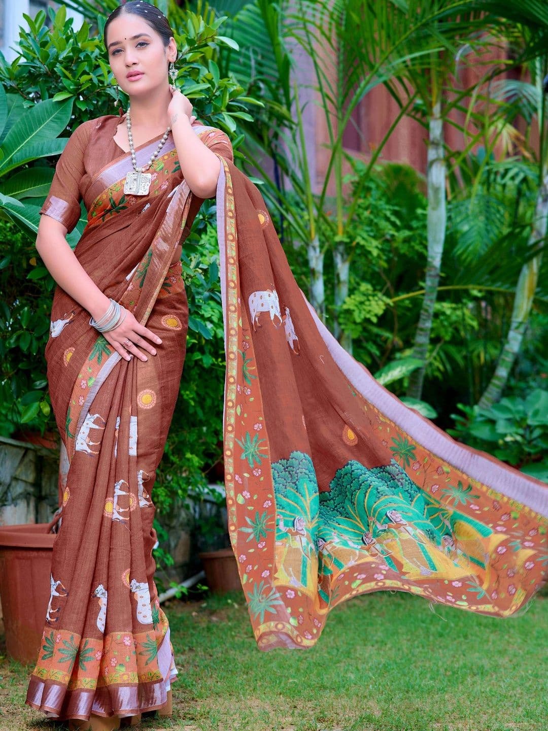 MANVAA Women Brown Cotton Linen Saree thumbnail 4