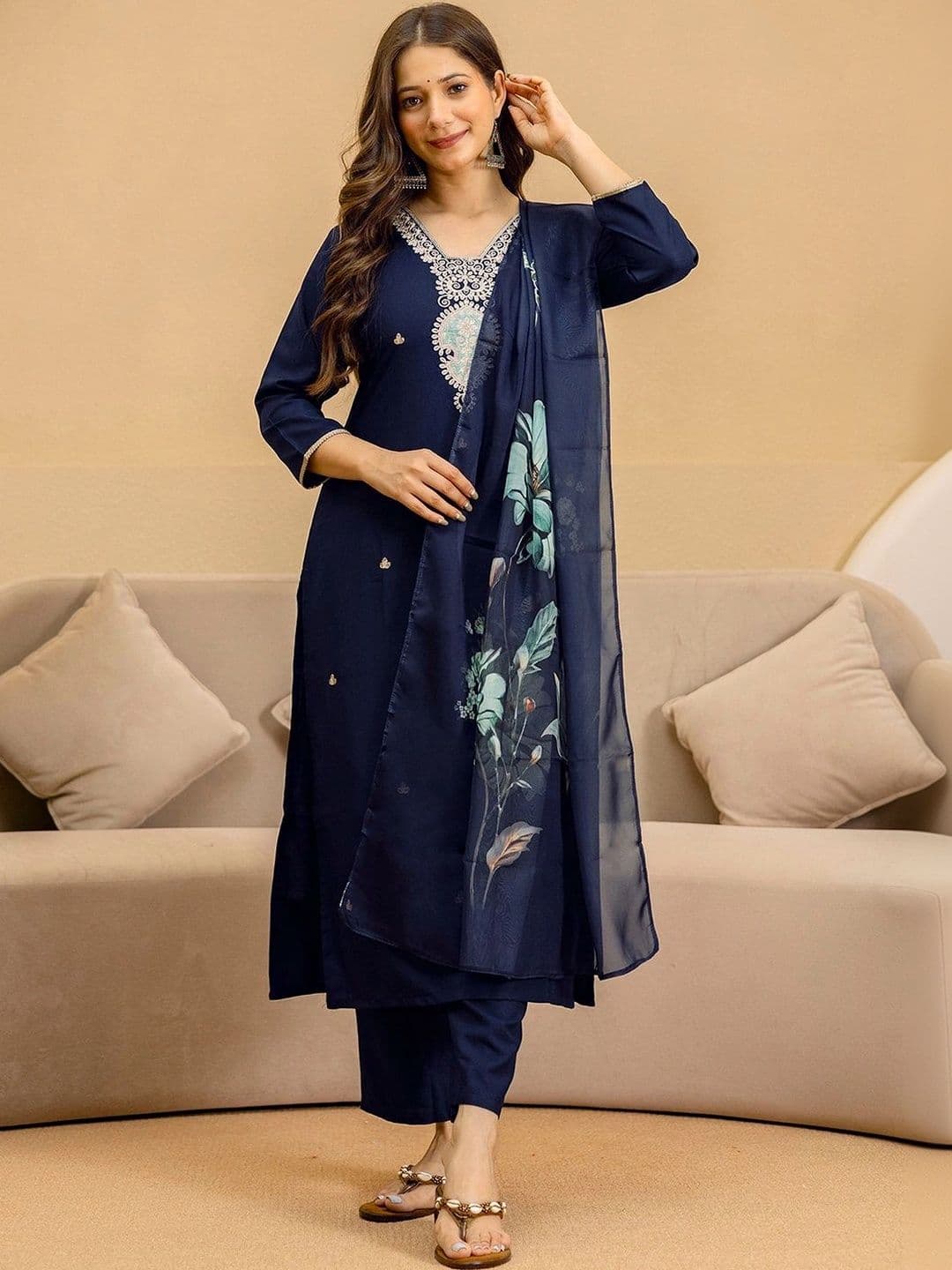 SKYLEE Women Ethnic Motifs Embroidered Kurta with Trousers & Dupatta - view 1