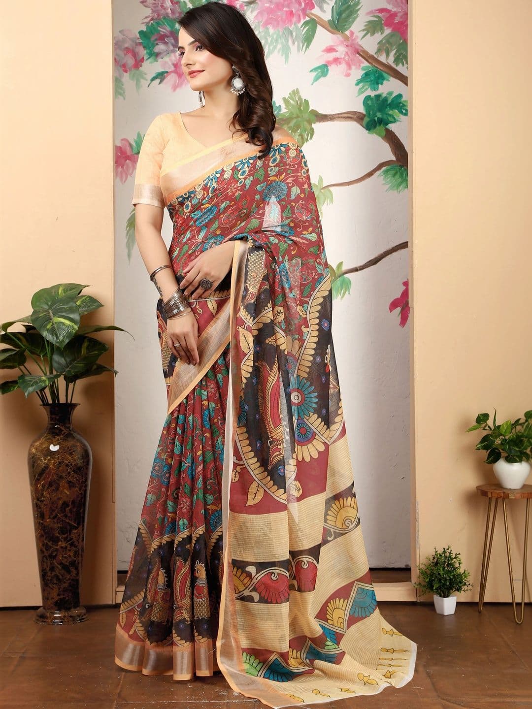 HERE&NOW Women Woven Design Kalamkari Saree thumbnail 5