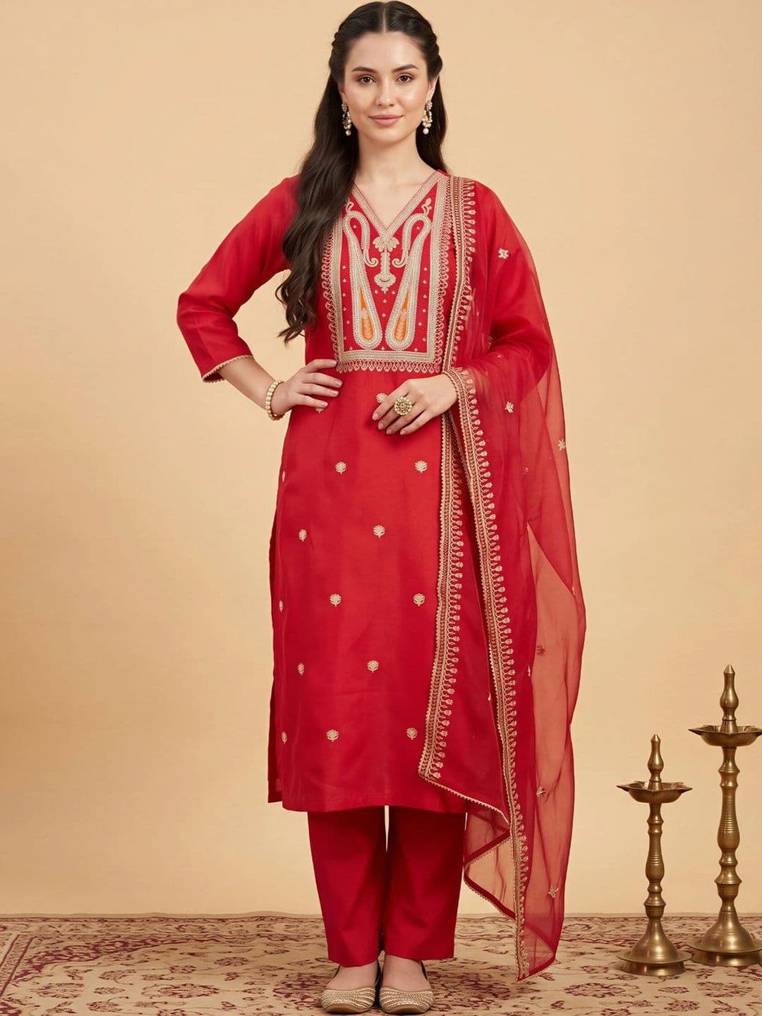 Indo Era Women Ethnic Motifs Embroidered Regular Thread Work Liva Kurta with Trousers & With Dupatta thumbnail 4