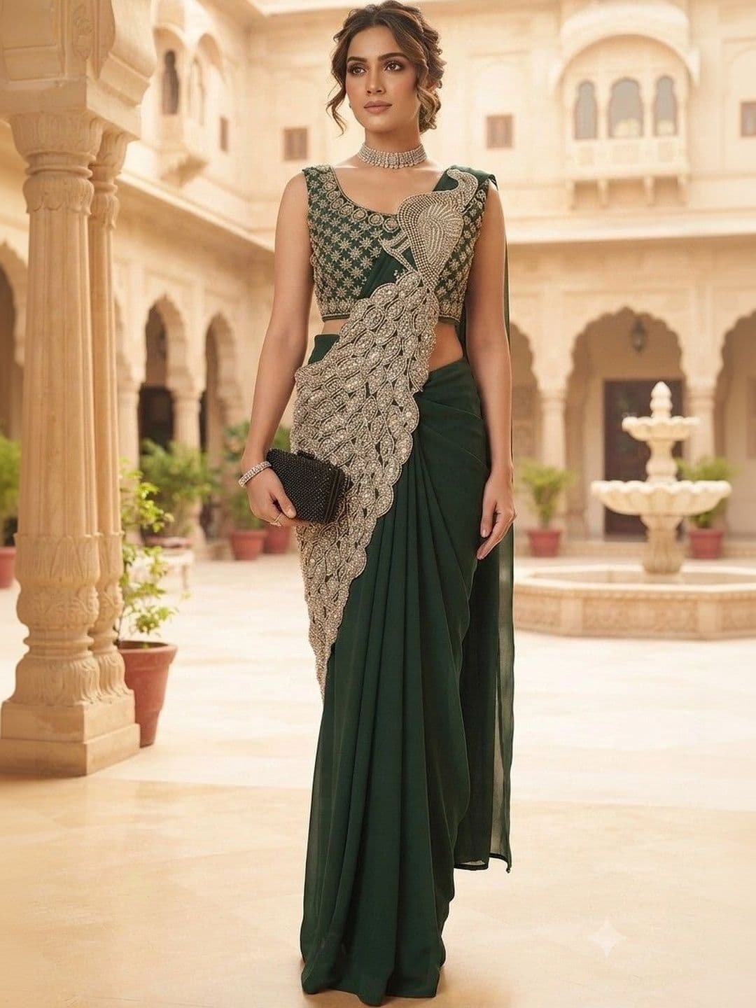 SmileyFashion Embellished Embroidered Pure Georgette Designer Saree - view 1