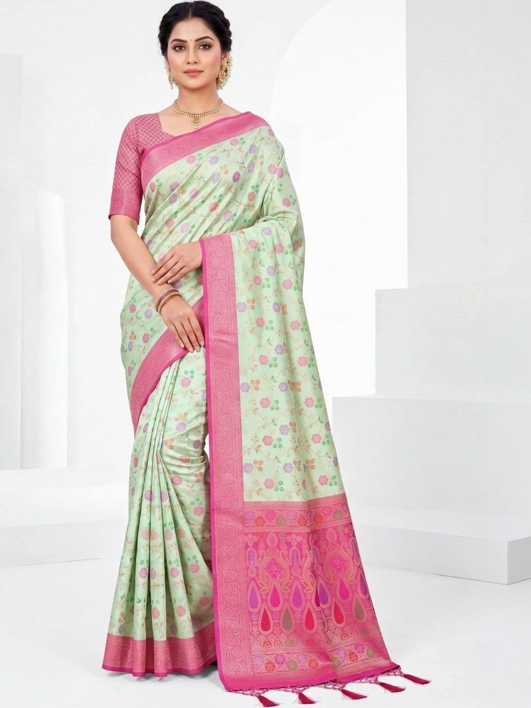 KALINI Floral Zari Art Silk Fusion Banarasi Saree - view 1