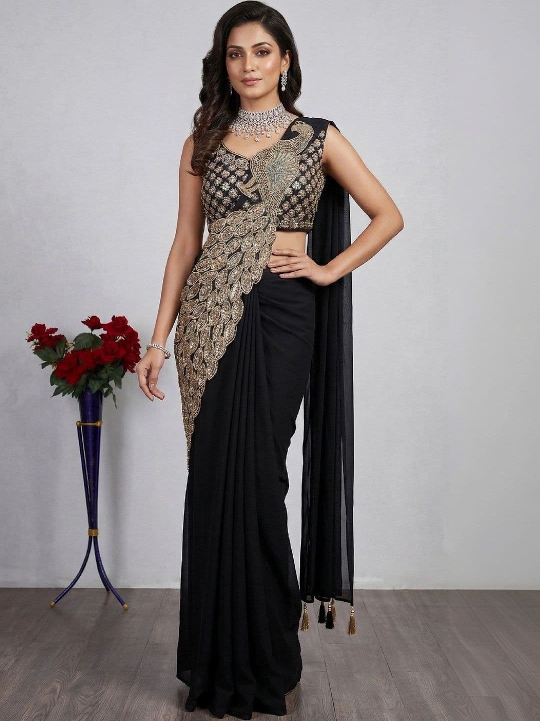 SmileyFashion Embellished Embroidered Pure Georgette Designer Saree - view 1