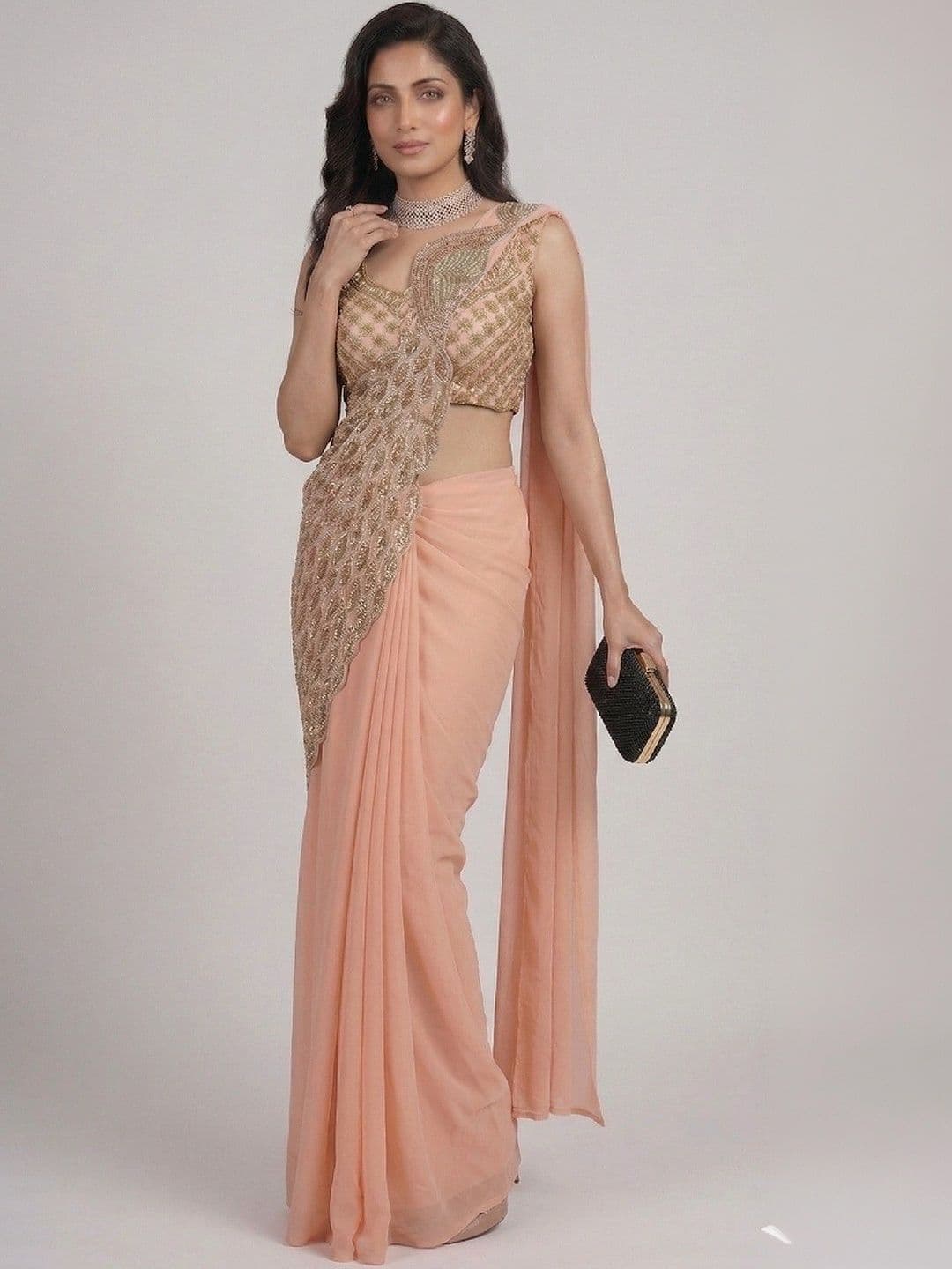 SmileyFashion Embellished Sequinned Pure Georgette Designer Saree thumbnail 2