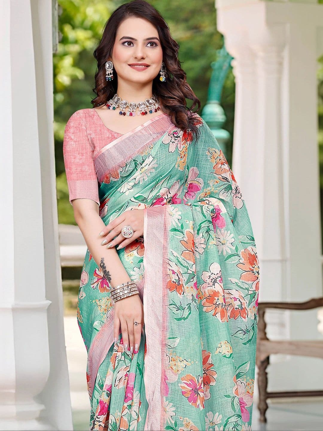 MANVAA Women's Sea Green Cotton Linen Saree thumbnail 5