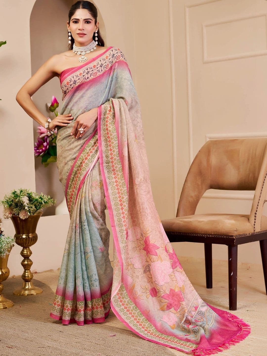 HERE&NOW Floral Silk Cotton Handloom Saree - view 1