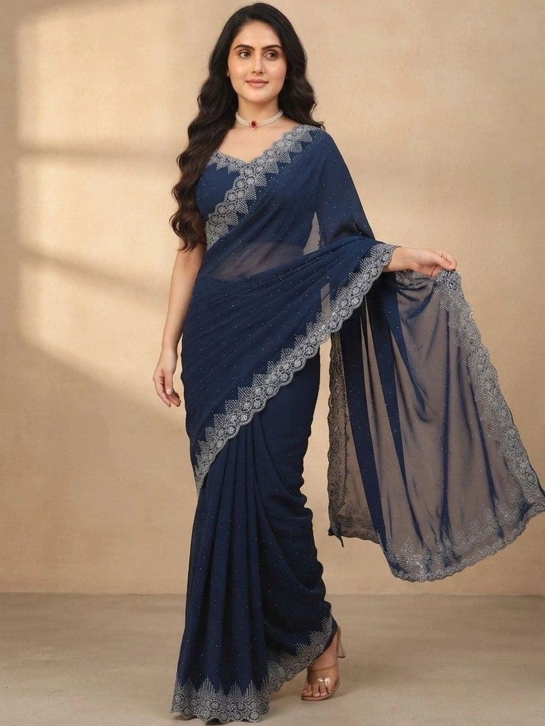 SmileyFashion Embellished Pure Georgette Saree thumbnail 4