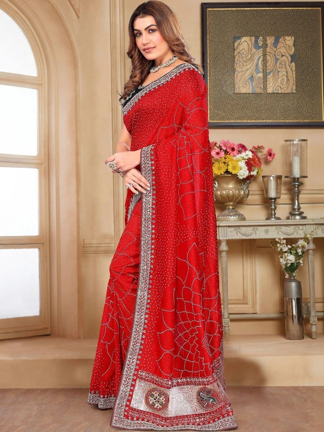 SmileyFashion Bandhani Embroidered Art Silk Designer Saree thumbnail 5