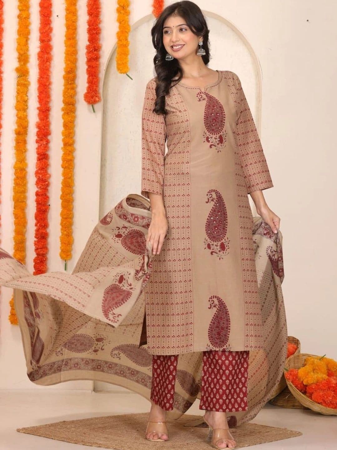 AFFO Women Ethnic Motifs Printed Regular Mirror Work Pure Cotton Kurta with Palazzos & With Dupatta thumbnail 7