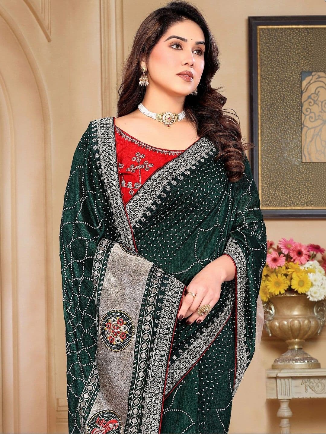 SmileyFashion Bandhani Embroidered Art Silk Designer Saree thumbnail 3