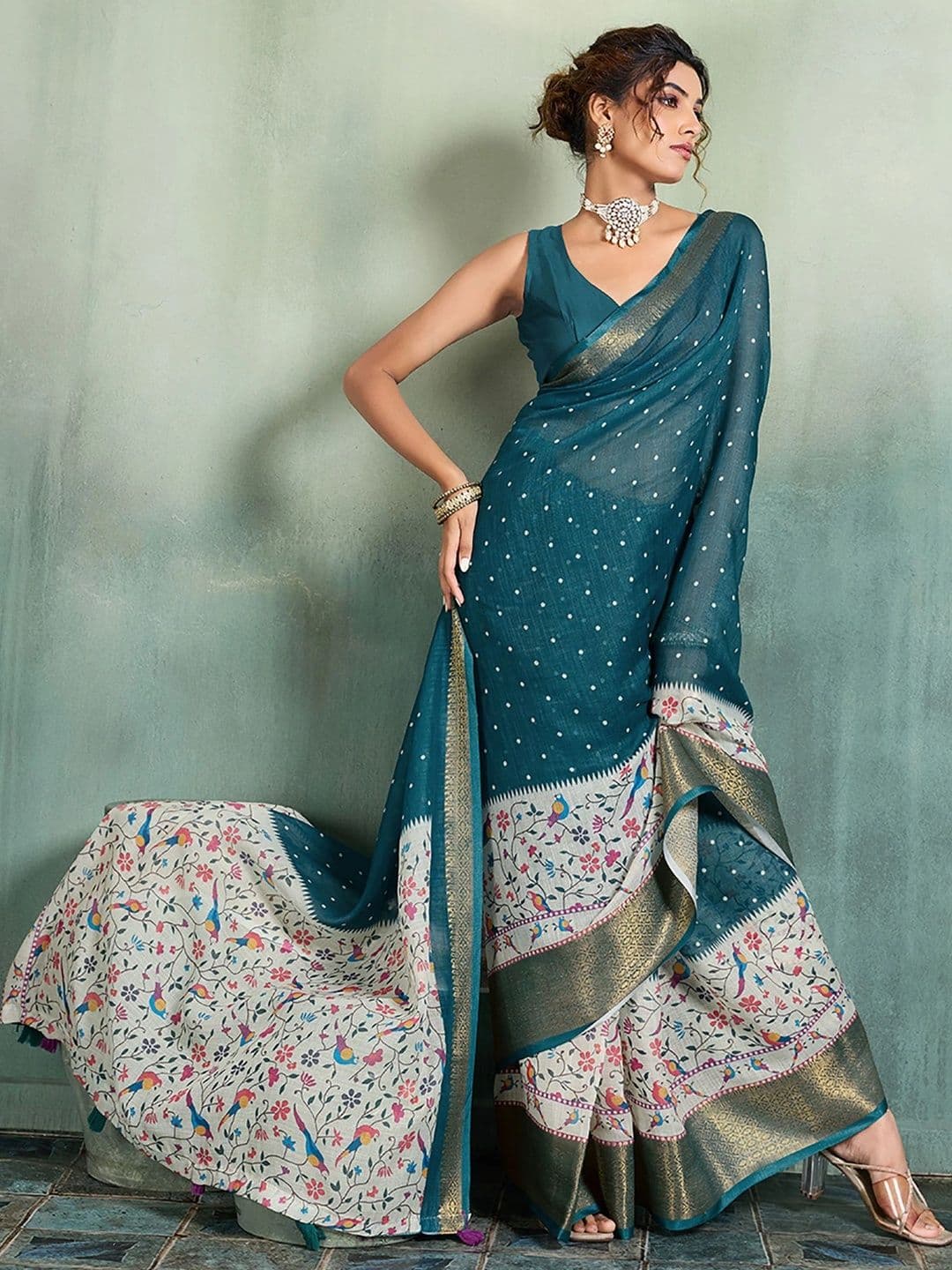 KALINI Floral Zari Designer Block Print Saree thumbnail 2