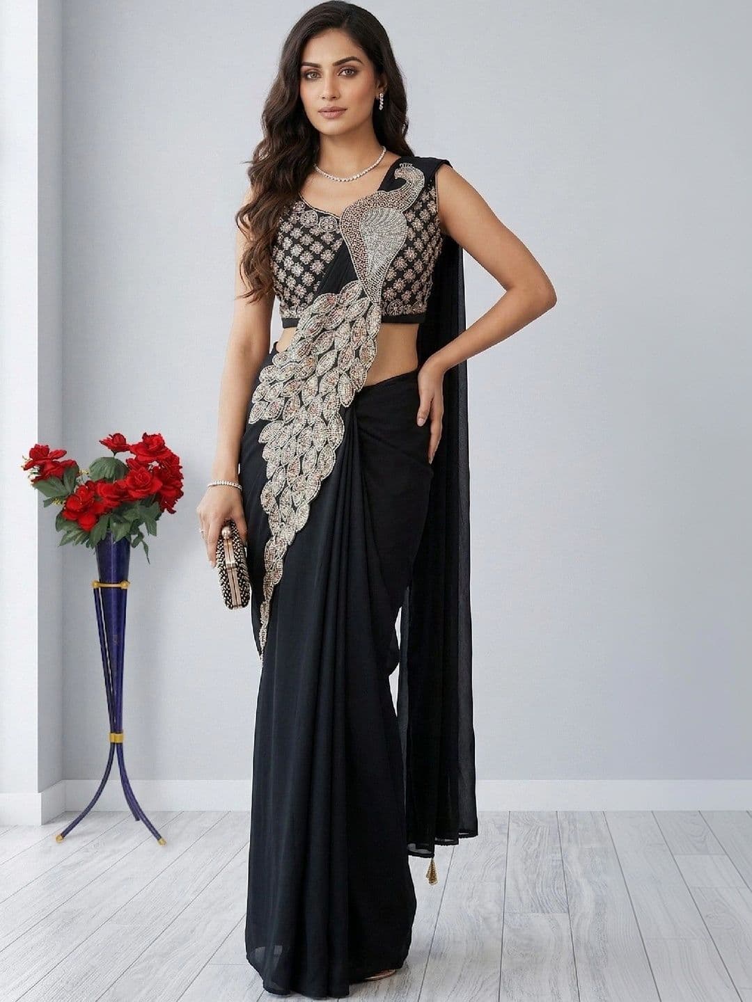 SmileyFashion Embellished Embroidered Pure Georgette Designer Saree thumbnail 2