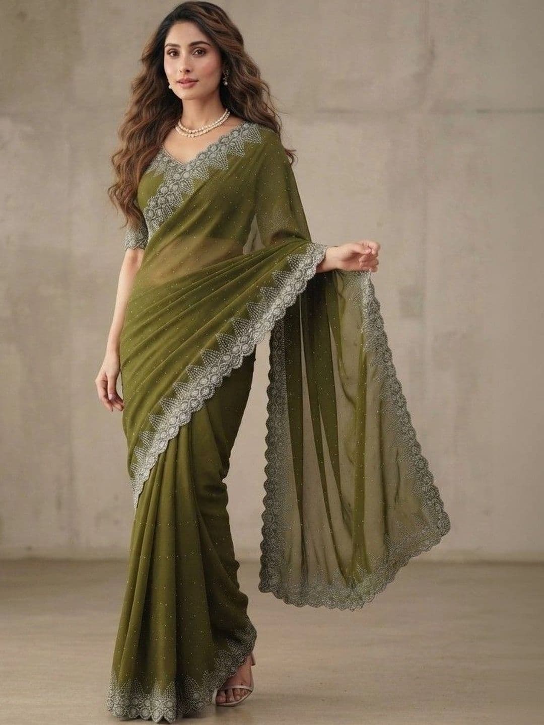 SmileyFashion Beads and Stones Pure Georgette Saree thumbnail 4