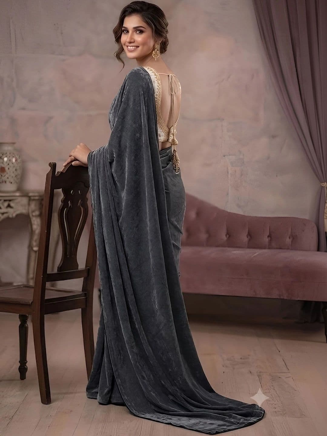 VRAGI Embroidered Lycra Saree thumbnail 3
