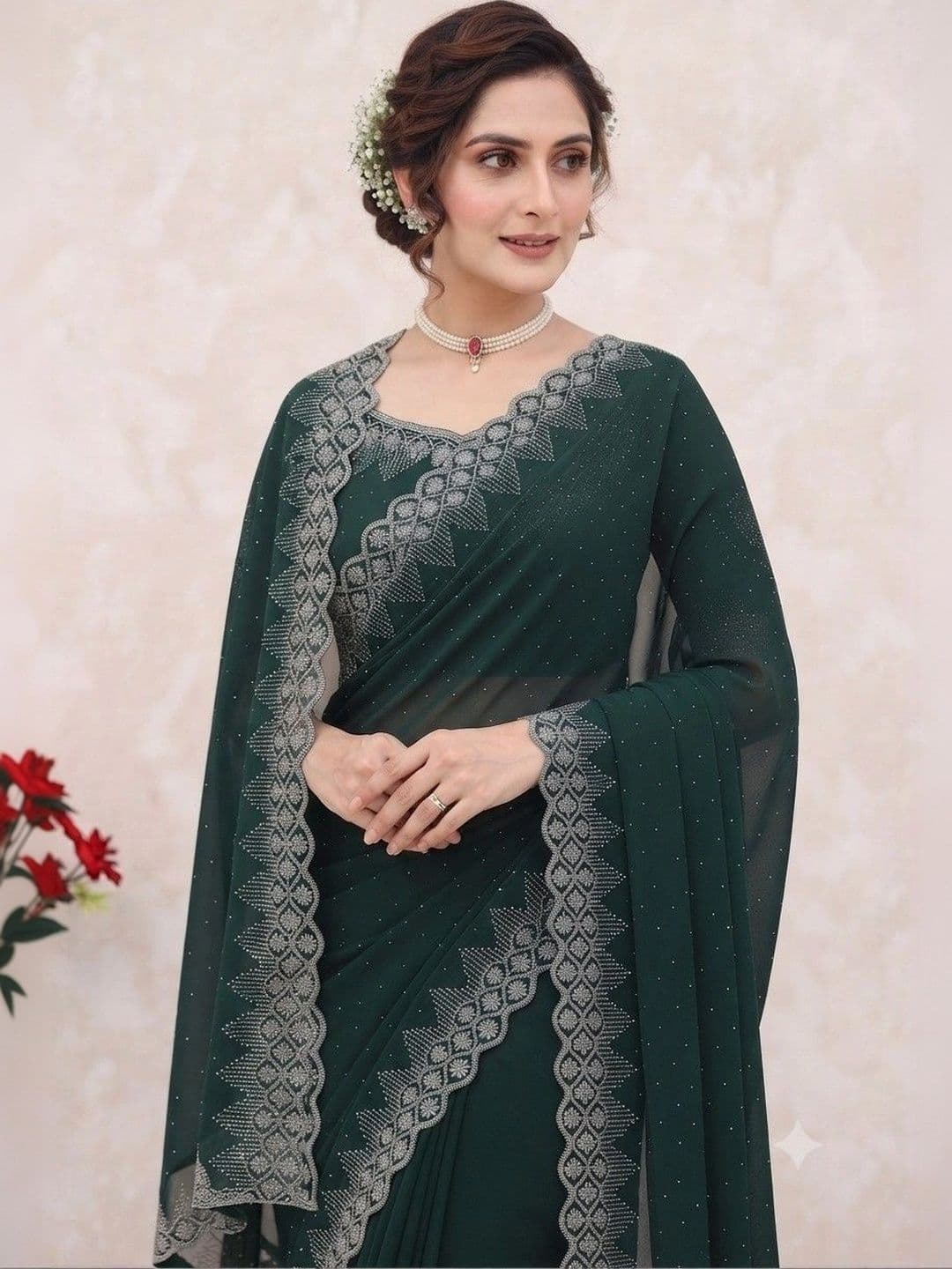 SmileyFashion Embellished Pure Georgette Saree thumbnail 4