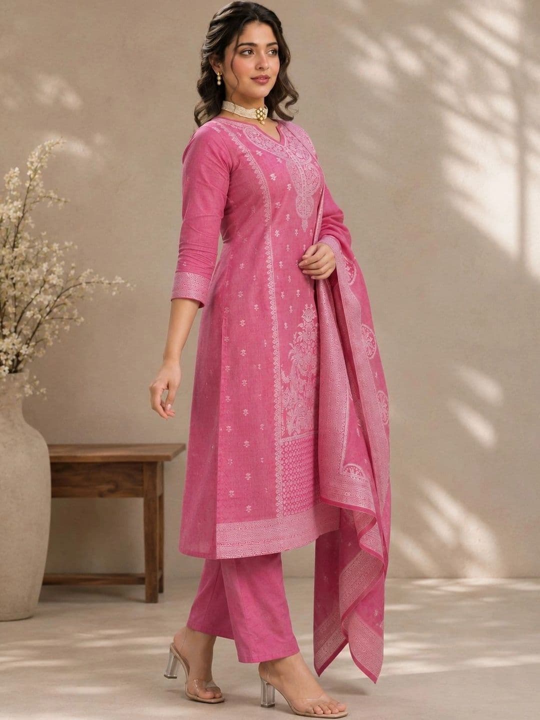 SAIYAMORI Women Ethnic Motifs Regular Pure Cotton Kurta with Trousers & With Dupatta thumbnail 5