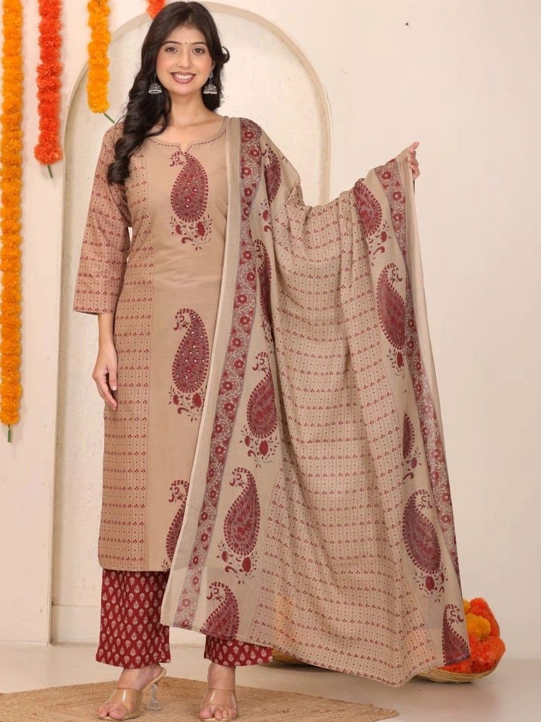AFFO Women Ethnic Motifs Printed Regular Mirror Work Pure Cotton Kurta with Palazzos & With Dupatta - view 1