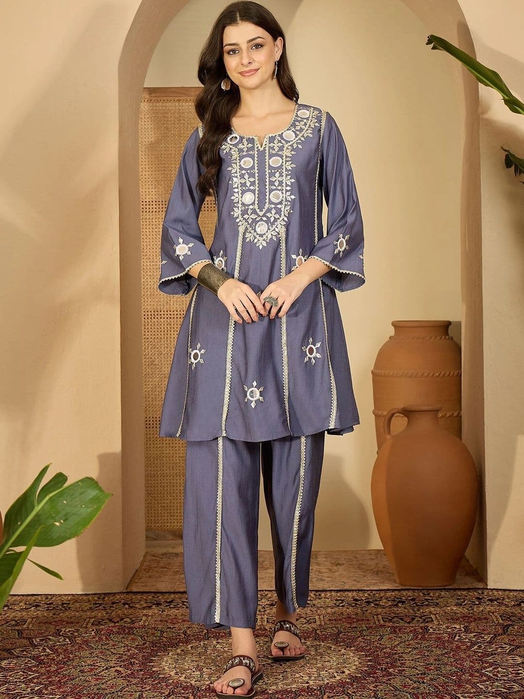 Sangria Women Ethnic Motifs Embroidered Regular Mirror Work Kurta with Palazzos thumbnail 6