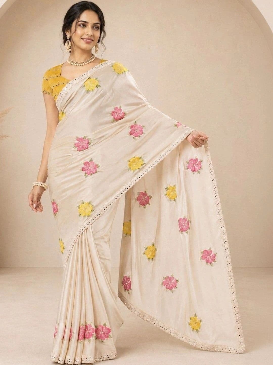 Kandora Floral Mirror Work Pure Georgette Designer Saree thumbnail 4