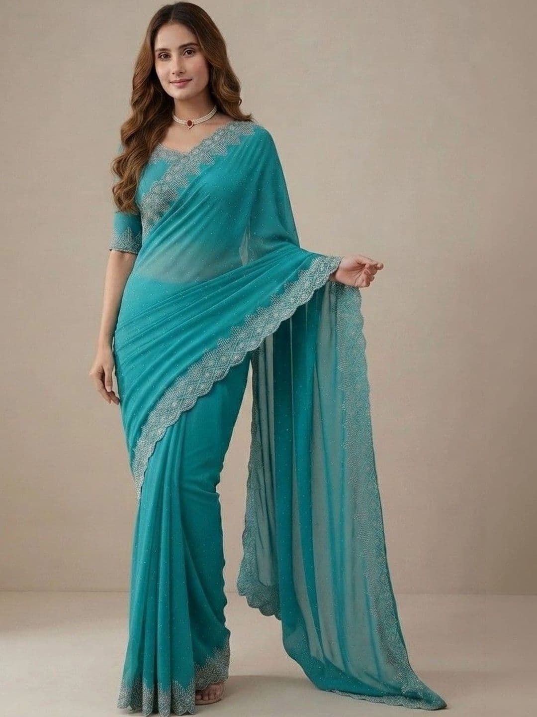 SmileyFashion Embellished Pure Georgette Saree thumbnail 4