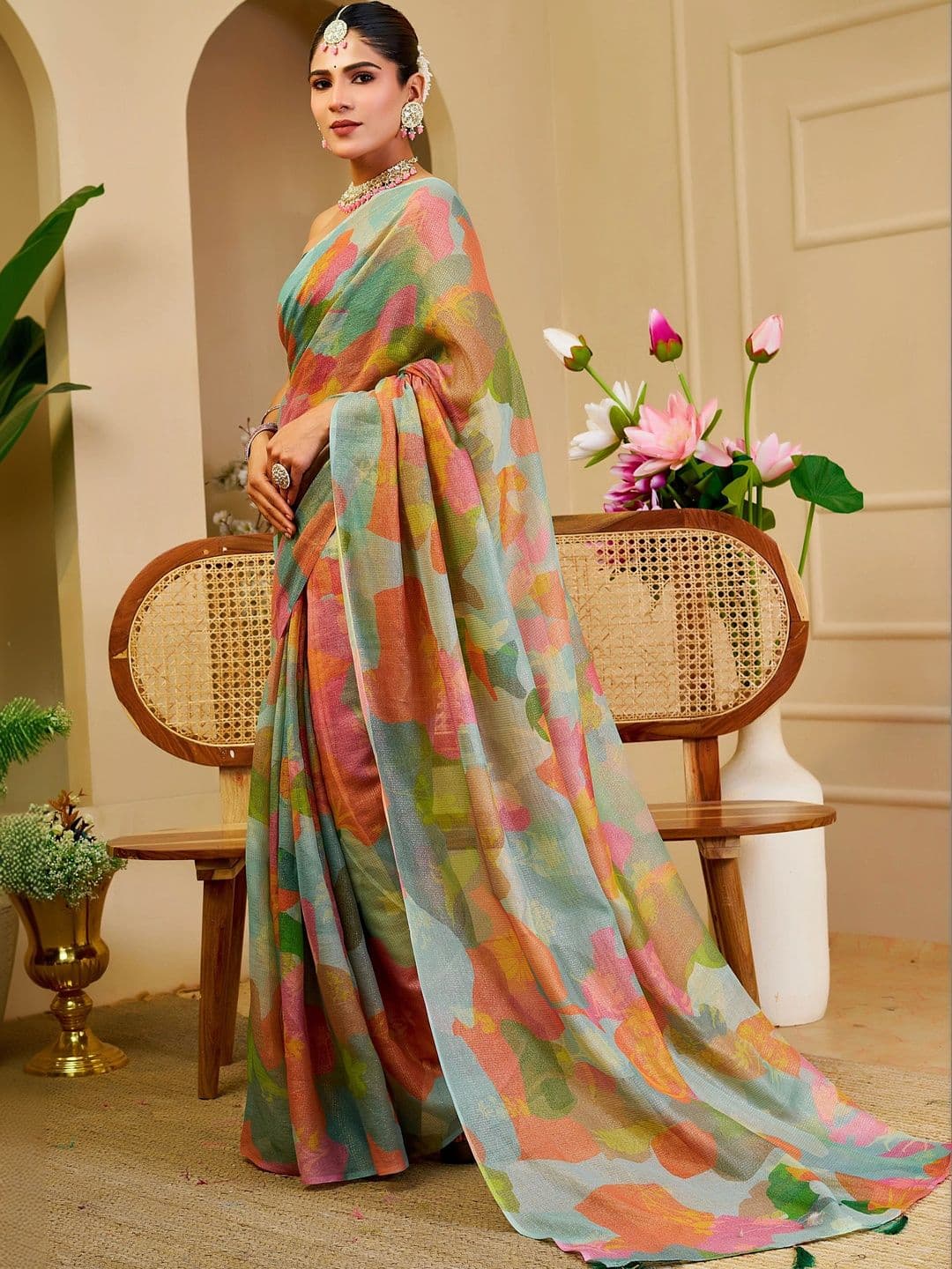 HERE&NOW Women Floral Silk Cotton Handloom Saree thumbnail 6