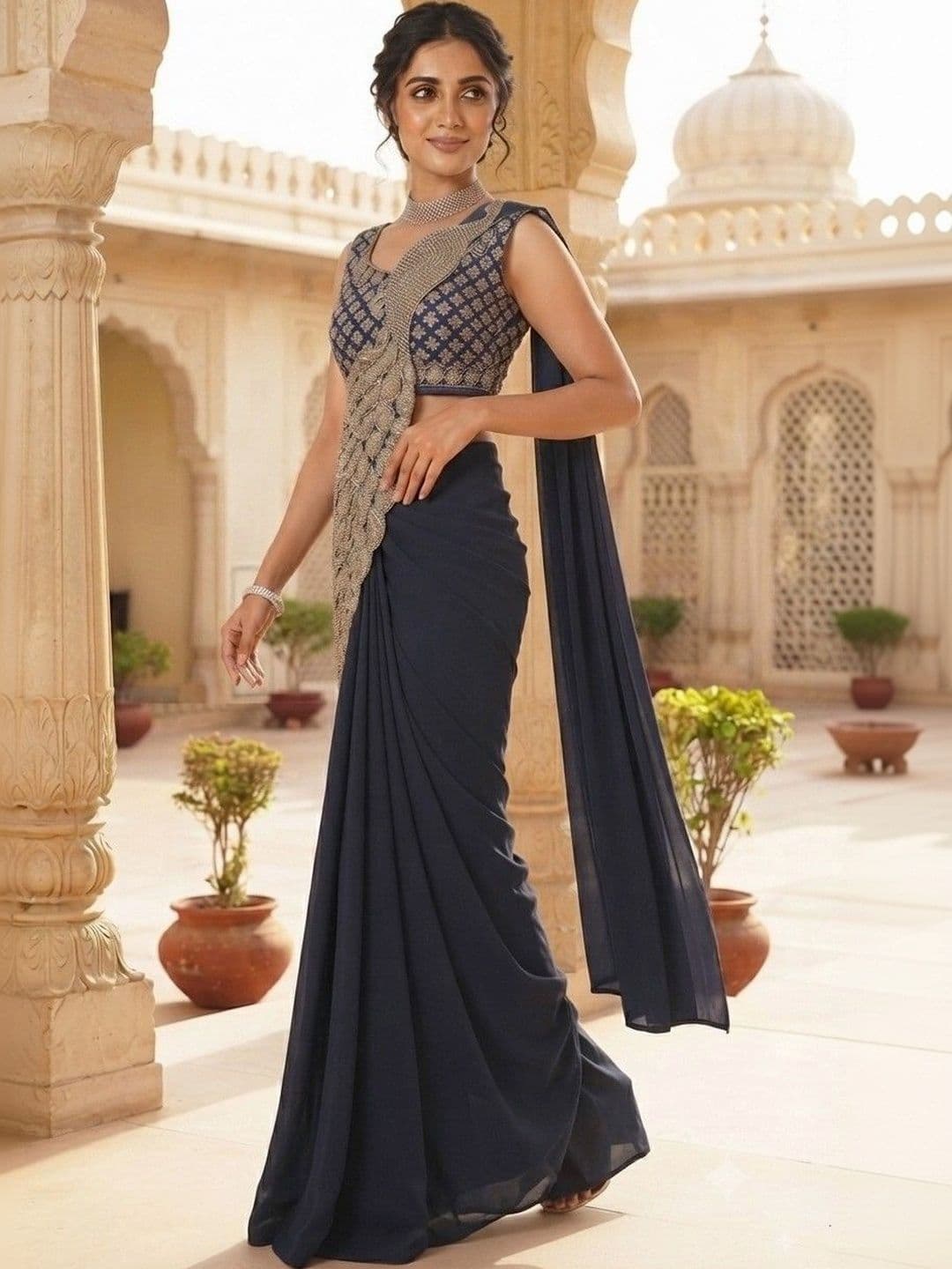 SmileyFashion Embellished Embroidered Pure Georgette Designer Saree thumbnail 2