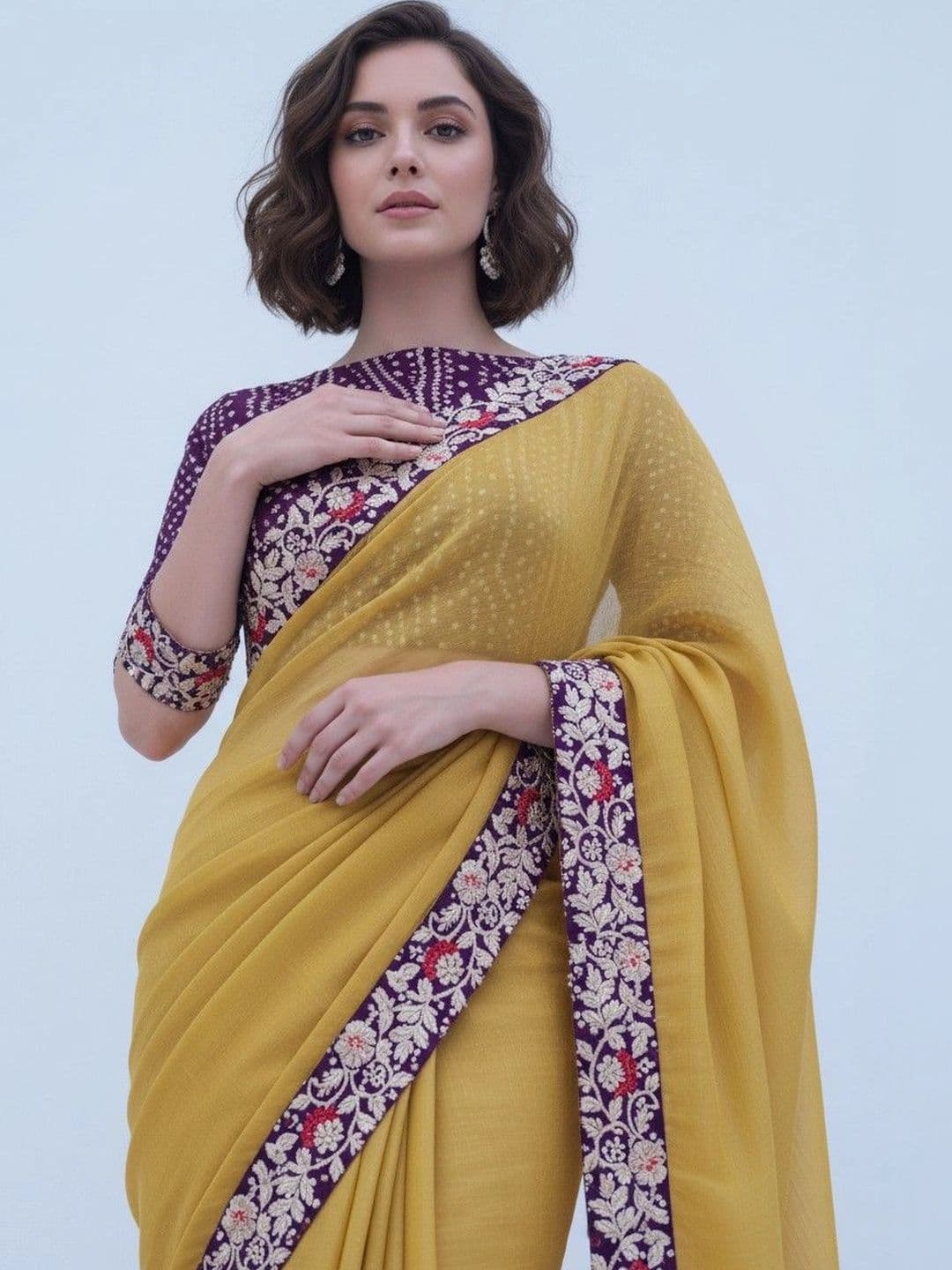 SmileyFashion Floral Embroidered Poly Chiffon Designer Saree thumbnail 2