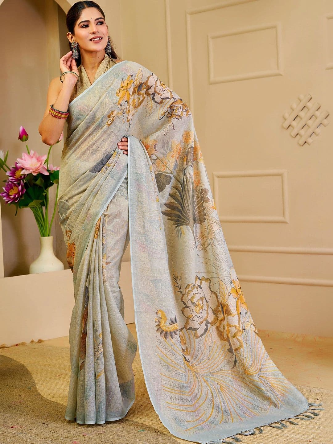 Maroosh Women's Green Mustard Tissue Shimmer Handloom Cotton Floral Silk Handloom Saree - view 1