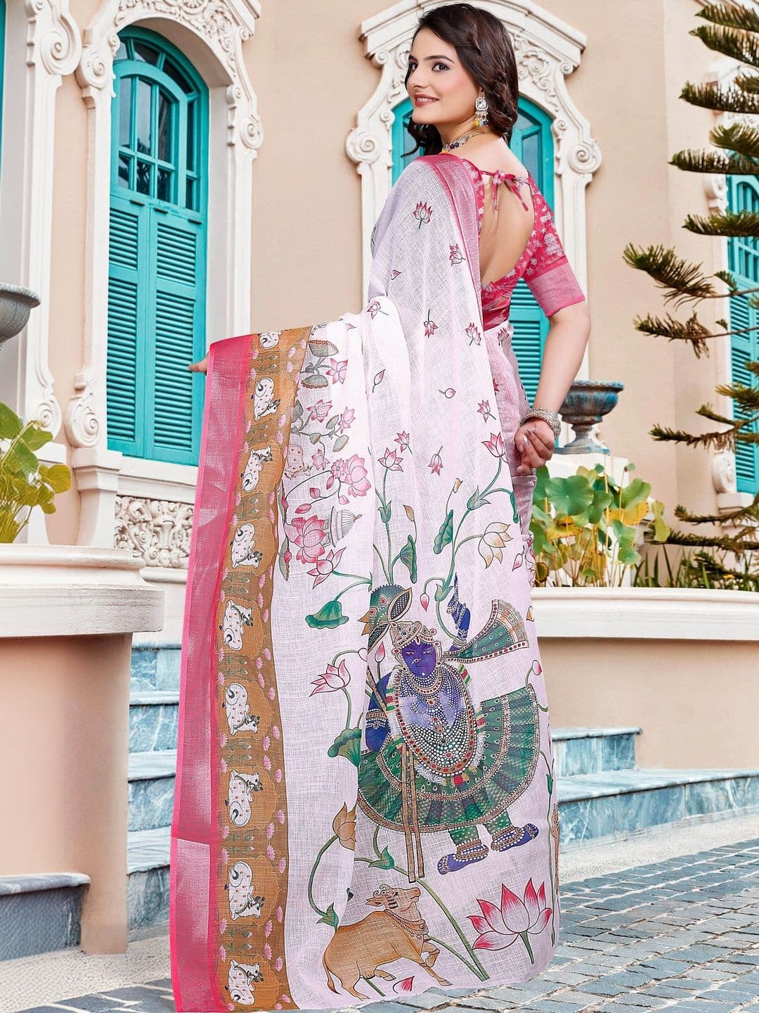 Maroosh Women White Floral Printed Cotton Linen Saree thumbnail 6
