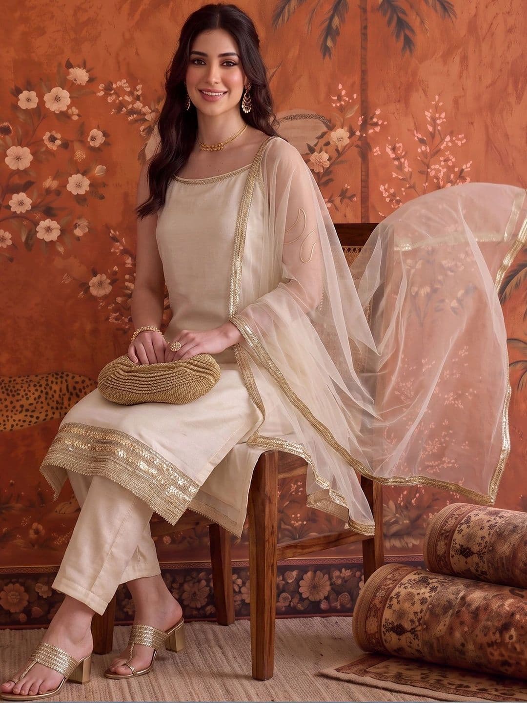 Sangria Silk Blend Round Neck Kurta & Churidar With Dupatta thumbnail 2