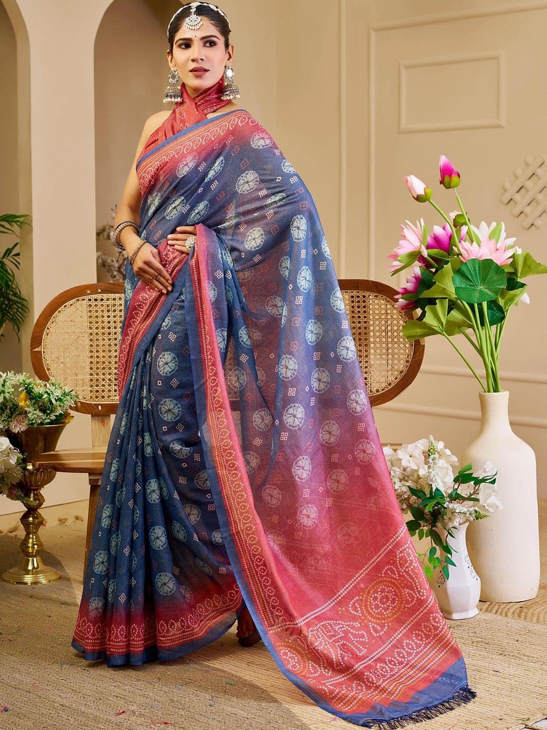 HERE&NOW Bandhani Silk Cotton Handloom Saree thumbnail 6