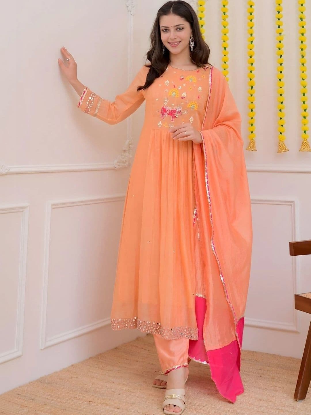 Sangria Women Ethnic Motifs Embroidered Empire Mirror Work Kurta with Trousers & With Dupatta thumbnail 2