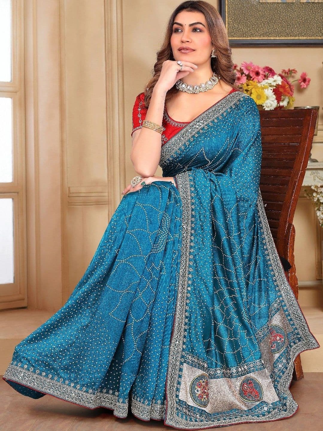SmileyFashion Bandhani Embroidered Art Silk Designer Saree thumbnail 5